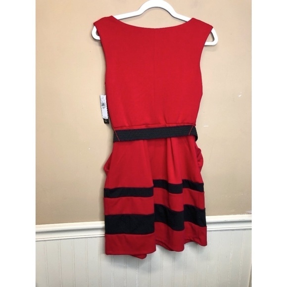 BCX Red Black Sleeveless Belted Dress Size S NWT - Picture 2 of 5